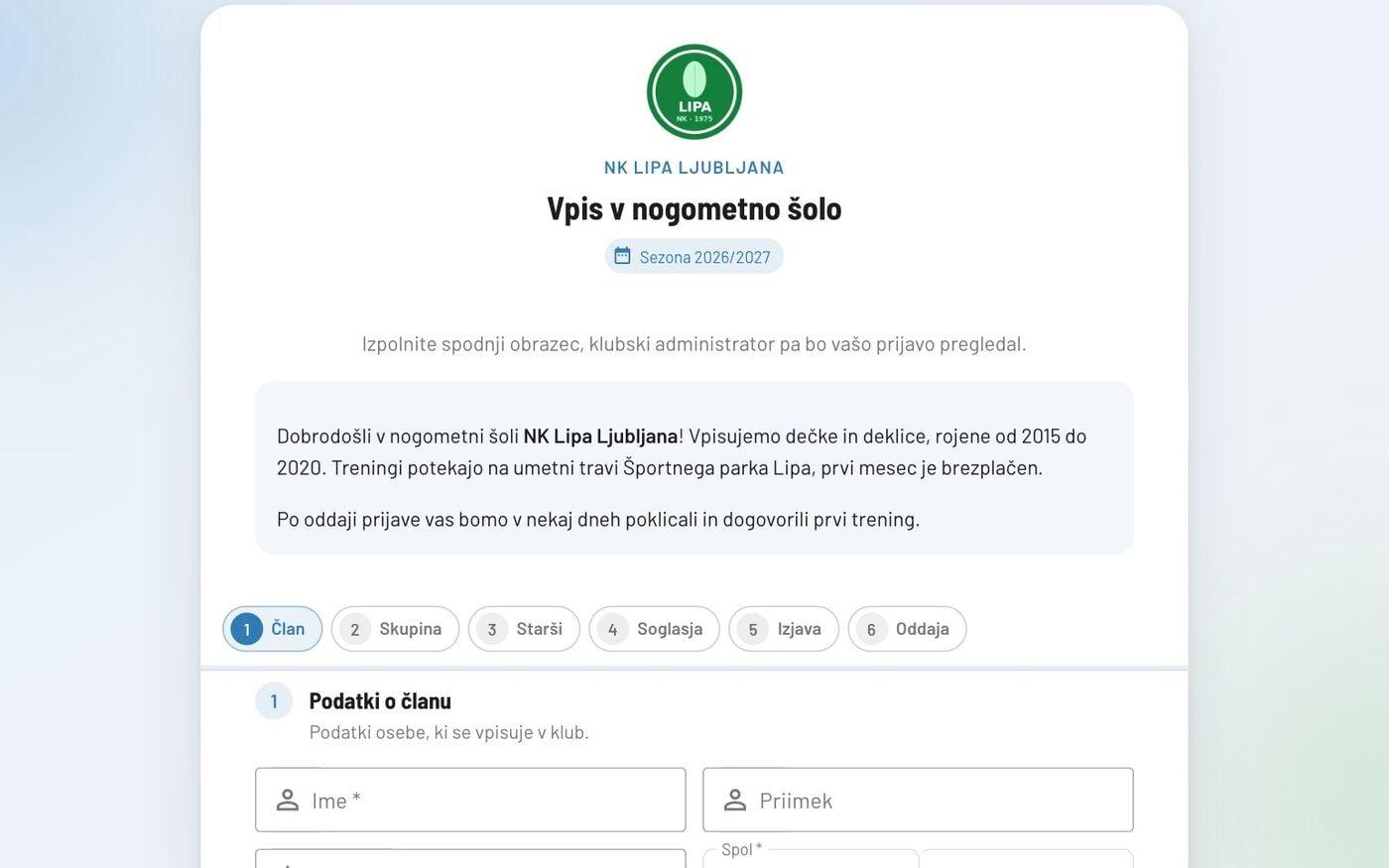 Javna spletna vpisnica vzorčnega kluba NK Lipa za nogometno šolo, sezona 2026/2027, s koraki Član, Skupina, Starši, Soglasja, Izjava in Oddaja.