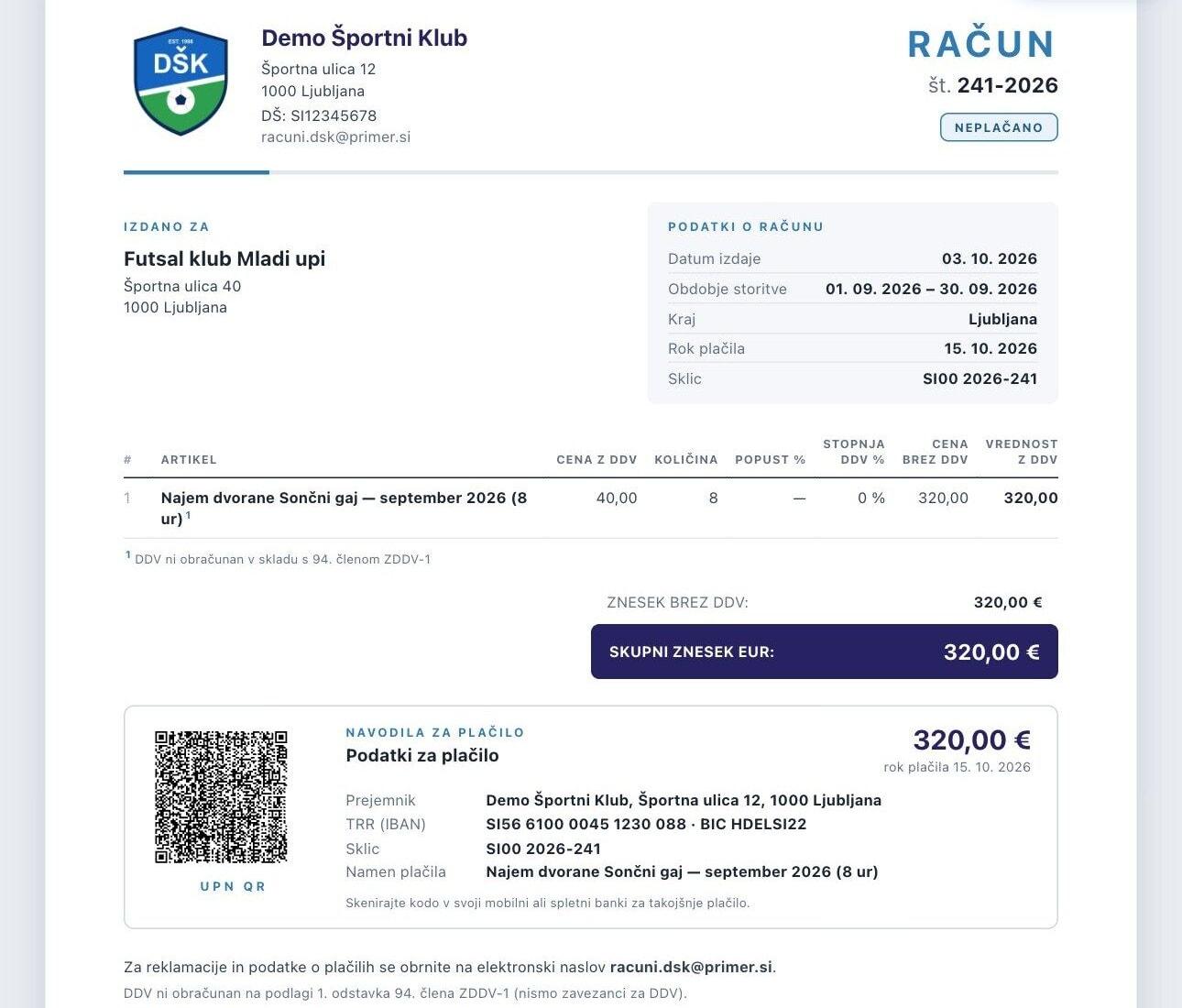 Natisnjen račun vzorčnega kluba s postavko, zneskom 320,00 €, sklicem, rokom plačila in UPN QR kodo s podatki za plačilo.