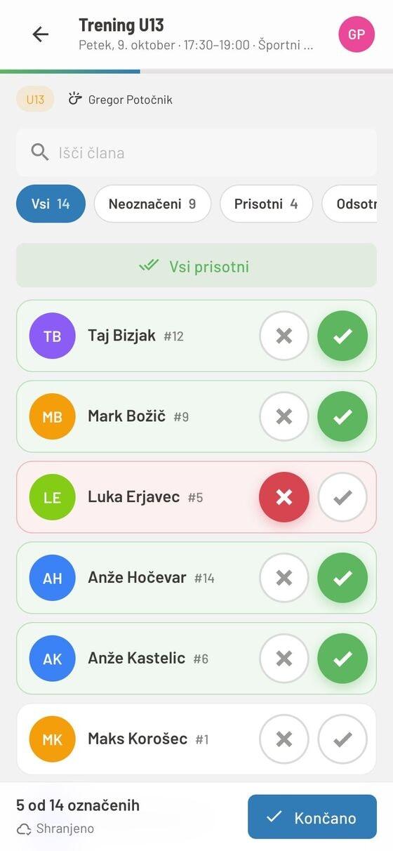 Aplikacija Prisotnost SP na telefonu: trening U13, seznam igralcev z gumboma za prisotnost in odsotnost, gumb »Vsi prisotni« in stanje »5 od 14 označenih«.