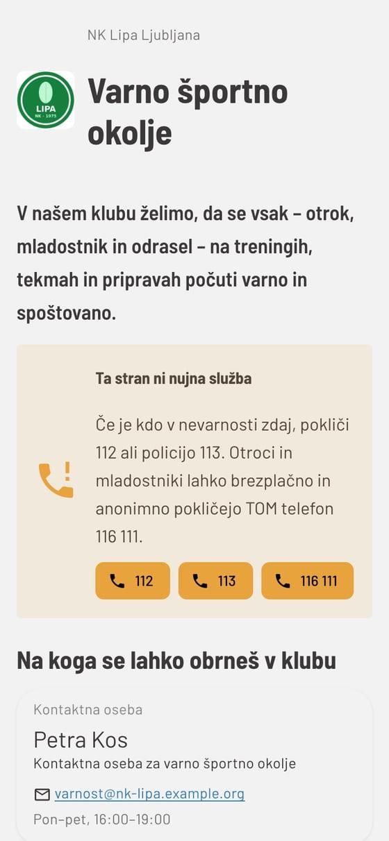 Javna stran Varno športno okolje na telefonu: logotip kluba, opozorilo »Ta stran ni nujna služba« z gumbi 112, 113 in 116 111 ter kontaktna oseba kluba.