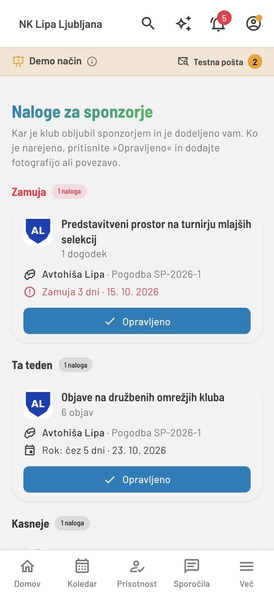 Naloge za sponzorje na telefonu trenerja: zamujena naloga »Predstavitveni prostor na turnirju mlajših selekcij« in naloga »Objave na družbenih omrežjih kluba« z rokom čez 5 dni, vsaka z gumbom Opravljeno.