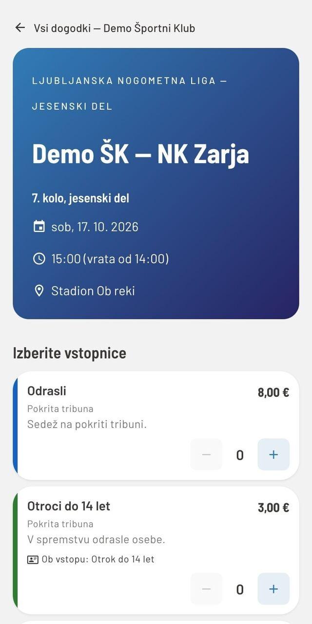 Nakup vstopnic na telefonu za tekmo z izbiro vrste vstopnice: odrasli 8,00 € in otroci do 14 let 3,00 €.